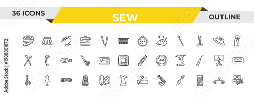 outline sew icons set - arras, tailoring hine, wool. editable vector for web and mobile ui