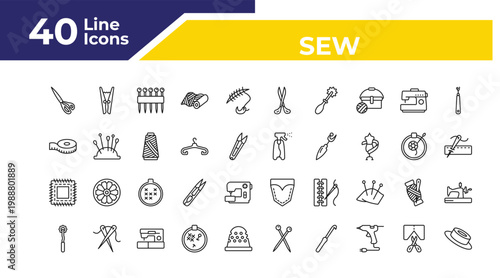 outline sew icons set - measuring tape, patch, overstitch. editable vector for web and mobile ui