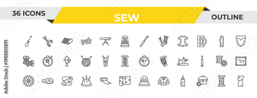 outline sew icons set - crochet hook, clothespin, sewing. editable vector for web and mobile ui