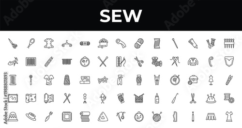 outline sew icons set - sewing box, jeans pocket, patch. editable vector for web and mobile ui