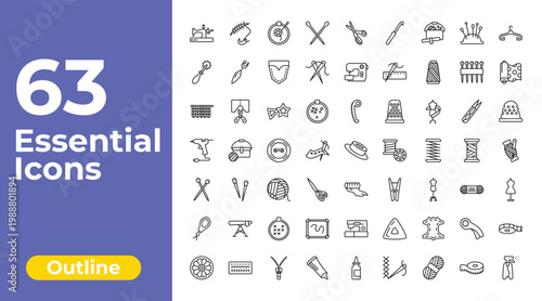 outline sew icons set - knitting neddles, sewing, tape. editable vector for web and mobile ui