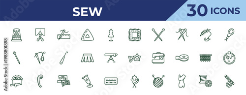 outline sew icons set - patch, pin sew, sewing box. editable vector for web and mobile ui