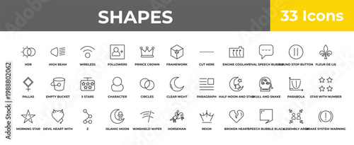 outline shapes icons set - 5 stars, devil heart with wings, brake system warning. editable vector for web and mobile ui