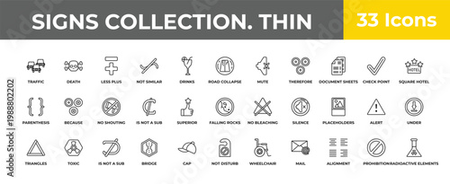 outline signs collection. thin icons set - no shouting, toxic, radioactive elements. editable vector for web and mobile ui