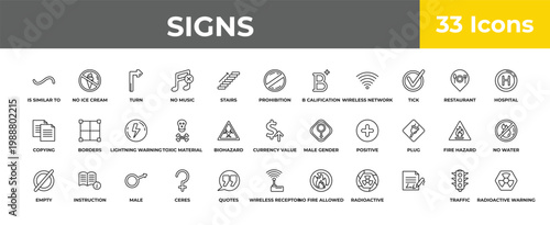outline signs icons set - lightning warning, instruction, radioactive warning. editable vector for web and mobile ui