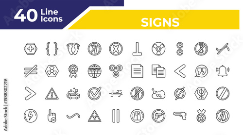 outline signs icons set - is not equal to, is greater than, lightning warning. editable vector for web and mobile ui