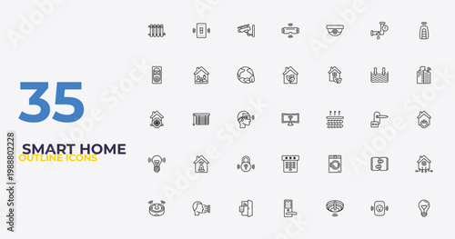 outline smart home icons set - eco friendly, washer hine, lightbulb. editable vector for web and mobile ui
