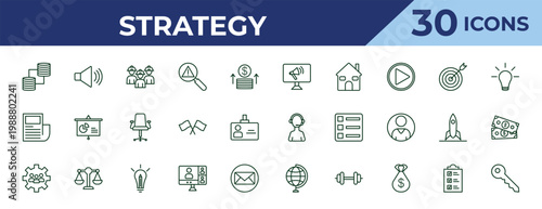 outline strategy icons set - advertising, newspaper, teamwork. editable vector for web and mobile ui