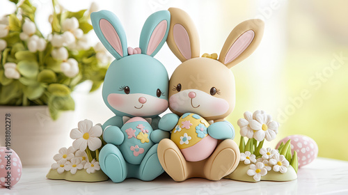 Two adorable Easter bunnies, one blue and one beige, sit among white flowers holding decorated eggs, creating a charming sp holiday scene so very delightful.