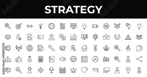 outline strategy icons set - resume, workers, goal. editable vector for web and mobile ui