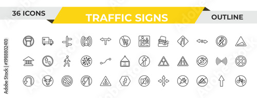 outline traffic signs icons set - school ahead, curves, no gambling. editable vector for web and mobile ui