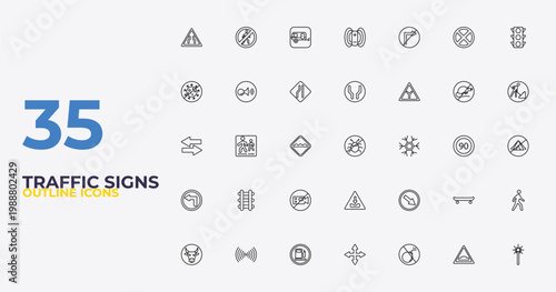 outline traffic signs icons set - wide road, keep right, laser. editable vector for web and mobile ui
