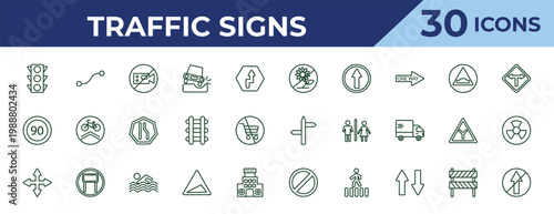outline traffic signs icons set - no picking flowers, speed limit, crossroads. editable vector for web and mobile ui