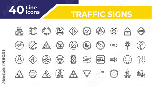 outline traffic signs icons set - no straight, waiting, falling rocks. editable vector for web and mobile ui