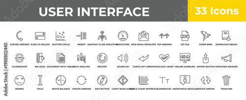 outline user interface icons set - document with tables, italic, trash bin. editable vector for web and mobile ui