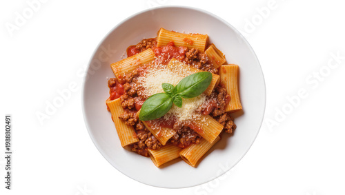 Canvastavla Rigatoni pasta with bolognese sauce and basil grated cheese, isolated on transpa