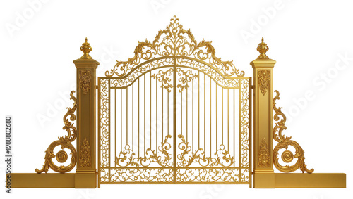 Canvastavla Ornate golden wrought iron gate with decorative scrollwork, isolated on transpar
