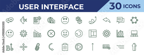 outline user interface icons set - cube of squares, sceptic smile, letter i. editable vector for web and mobile ui