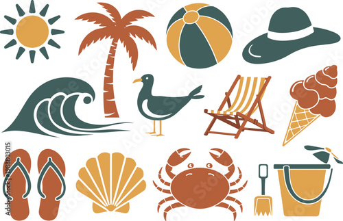 Collection of stylized beach and summer sun, palm tree, wave, seagull, beach ball, hat, deck chair, ice cream, flip-flops, seashell, crab, bucket and spade