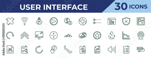 outline user interface icons set - round add button, rotating arrows, remove right frame. editable vector for web and mobile ui