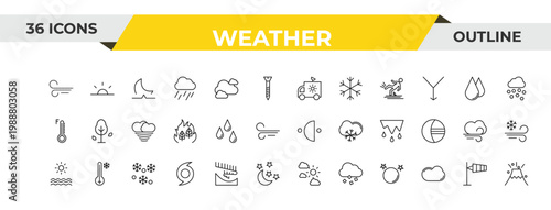 outline weather icons set - meteorology, raindrops, snowing. editable vector for web and mobile ui