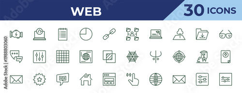 outline web icons set - multitasking man, communication tool, message closed envelope. editable vector for web and mobile ui