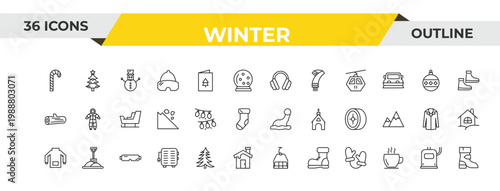 outline winter icons set - earmuffs, lights, safety glasses. editable vector for web and mobile ui