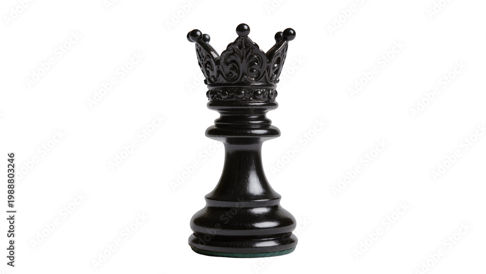Fototapeta premium Ornate black queen chess piece with detailed crown, isolated on transparent background