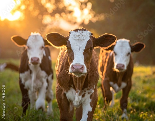 Three young bovines, brown and white, stand in a field bathed in the golden light of the setting sun