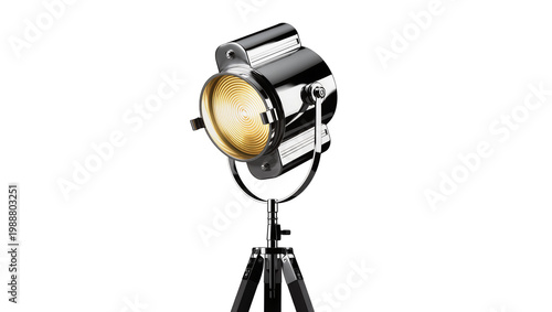 Shiny chrome stage spotlight with Fresnel lens, isolated on transparent background