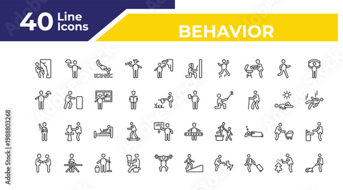 outline behavior icons set - waiter with food tray, man spraying deodorant, two men meeting. editable vector for web and mobile ui