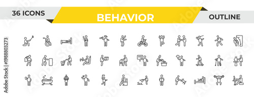 outline behavior icons set - man riding bicylce, stick man with box, piggyback a kid. editable vector for web and mobile ui