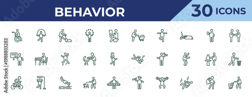 outline behavior icons set - man wirth carry, presentation whiteboard, man cycling. editable vector for web and mobile ui
