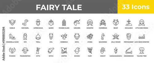 outline fairy tale icons set - troll, frankenstein, talking tree. editable vector for web and mobile ui