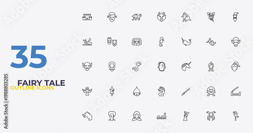 outline fairy tale icons set - seahorses, magic wand, enchanted mirror. editable vector for web and mobile ui