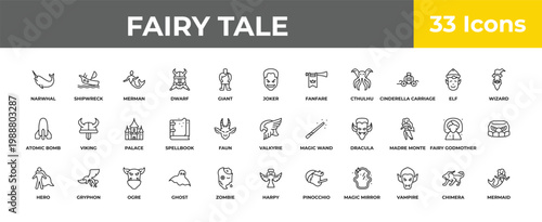 outline fairy tale icons set - palace, gryphon, mermaid. editable vector for web and mobile ui