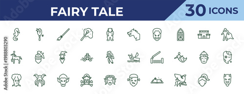 outline fairy tale icons set - werewolf, centaur, talking tree. editable vector for web and mobile ui