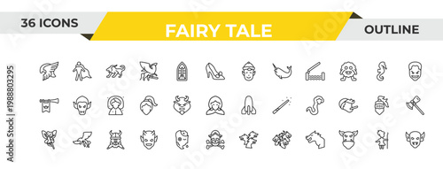 outline fairy tale icons set - elf, beast, dwarf. editable vector for web and mobile ui