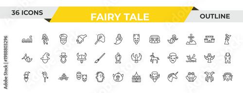 outline fairy tale icons set - evil, broomstick, cinderella carriage. editable vector for web and mobile ui