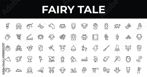 outline fairy tale icons set - castle, devil, gryphon. editable vector for web and mobile ui