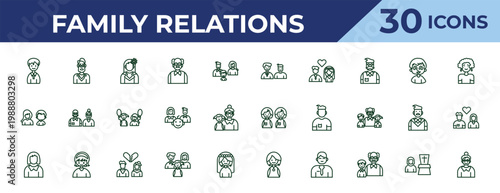outline family relations icons set - step-brother, sibling, mother. editable vector for web and mobile ui