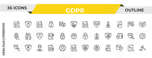 outline gdpr icons set - code of conduct, key, address. editable vector for web and mobile ui
