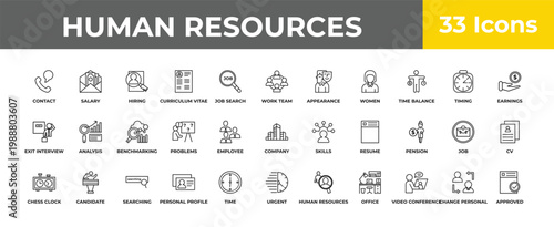 outline human resources icons set - benchmarking, candidate, approved. editable vector for web and mobile ui
