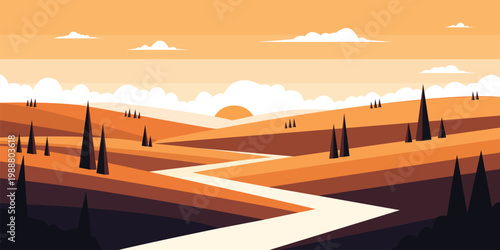 Photos Serene desert landscape with winding path and distant mountains
