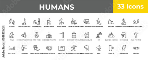 outline humans icons set - first prize, teachers, helping. editable vector for web and mobile ui