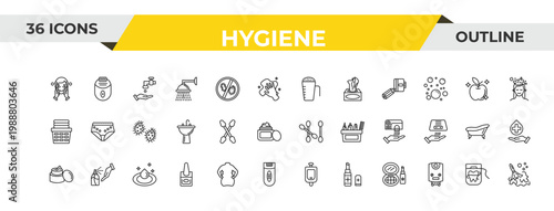 outline hygiene icons set - detergent dose, cotton swabs, purity. editable vector for web and mobile ui