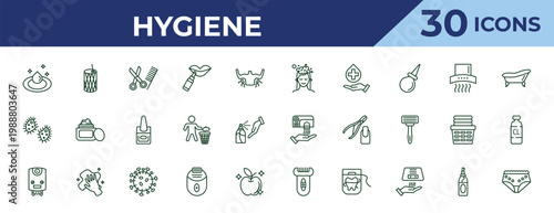 outline hygiene icons set - hair washing, microbes, water heater. editable vector for web and mobile ui