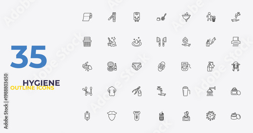 outline hygiene icons set - ear buds, detergent dose, body cream. editable vector for web and mobile ui