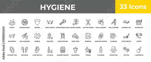 outline hygiene icons set - bubble, ear buds, l aspirator. editable vector for web and mobile ui