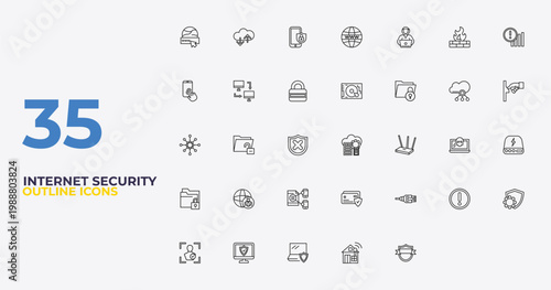 outline internet security icons set - hard disc, ethernet, gdpr shield. editable vector for web and mobile ui